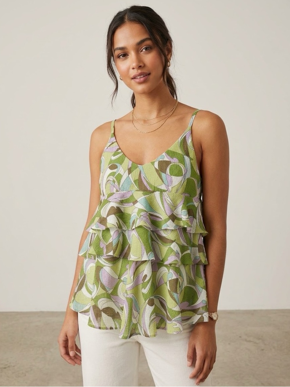 BAYO Green Abstract Ruffle Camisole Tank Top - Size S